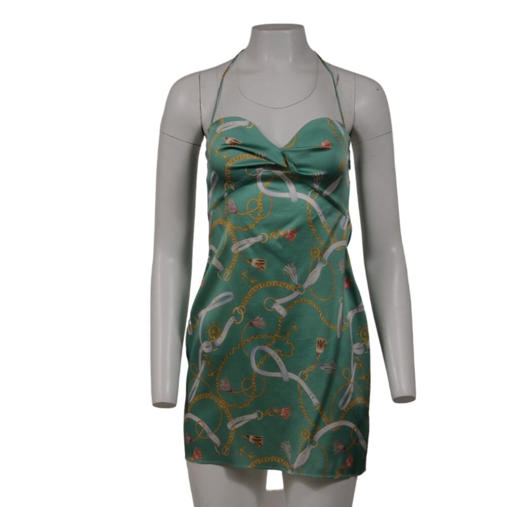 SER.O.YA Womens Farah Mini Dress Small Silk Green Gold Chain Link Nautical Print